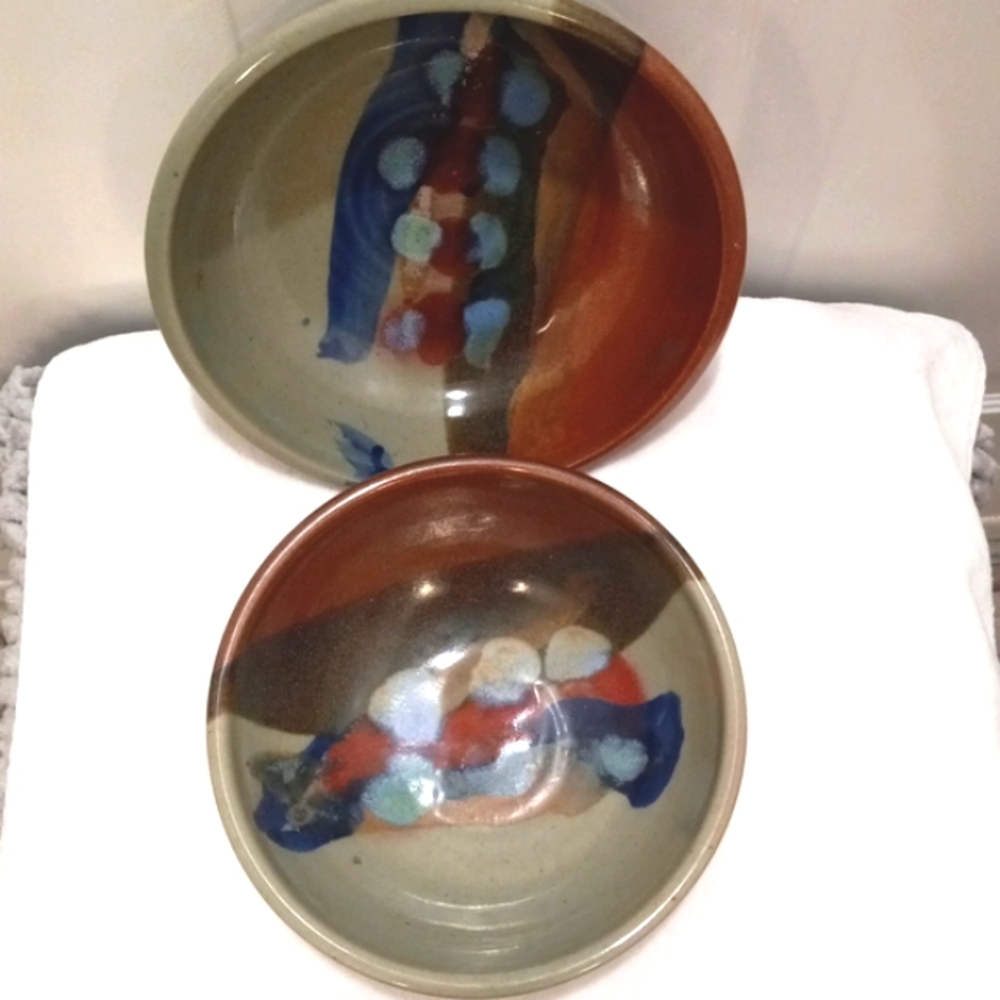 Two Glazed Clay Bowls Signed 6" & 7"